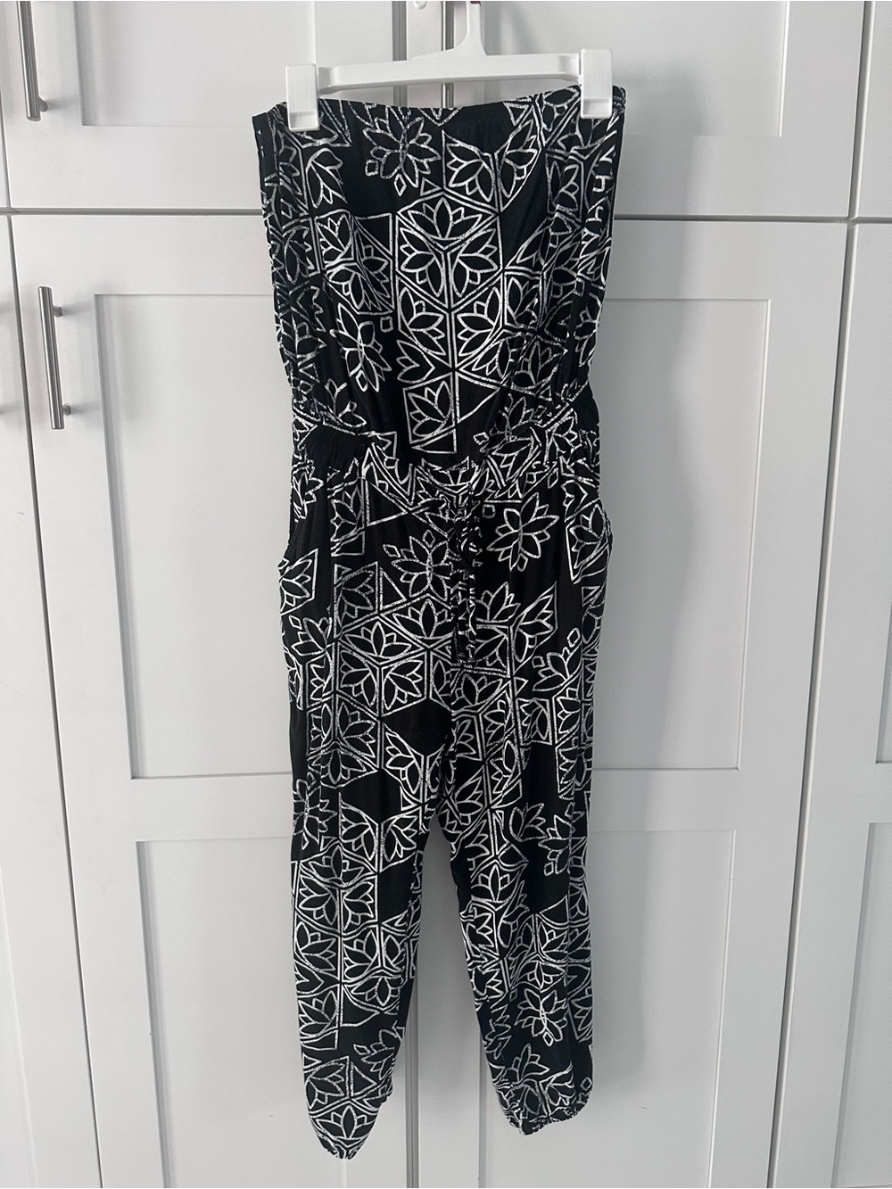 Mudd Black and White Strapless Geometric Jumpsuit